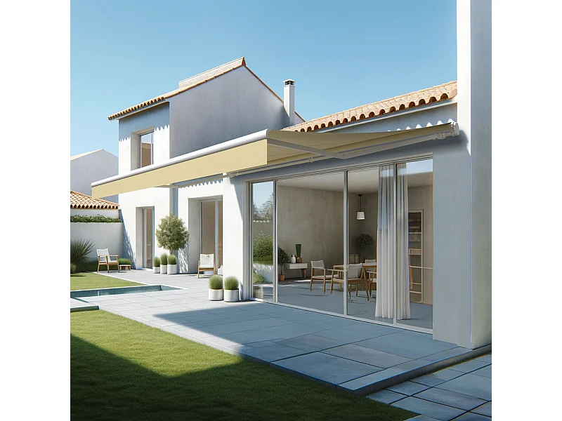 Store banne monobloc ESPAI 6,00x3,00m (Manuelle - Ecru - Blanc)