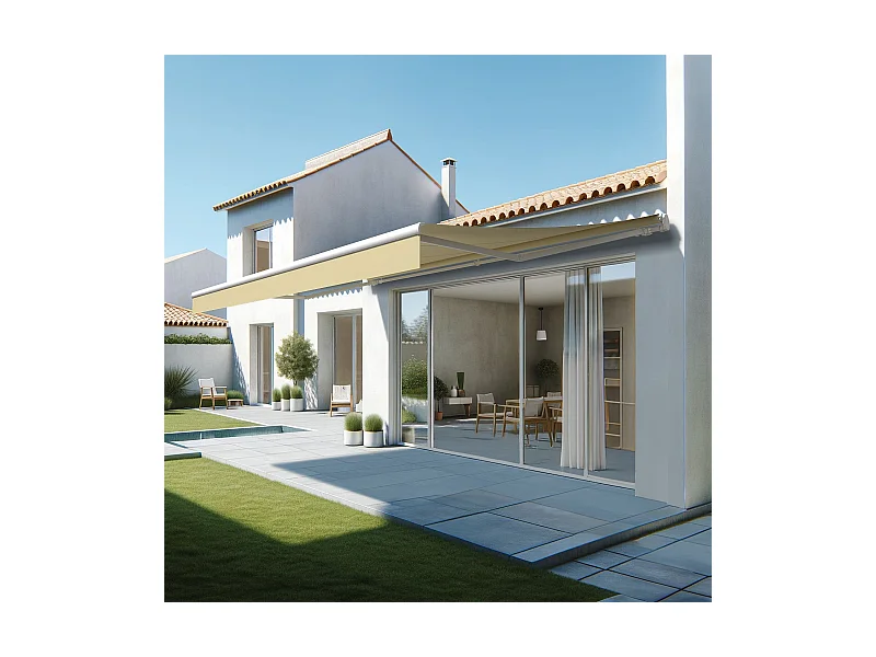 Store banne monobloc ESPAI 6,00x3,00m (Motorisé à interrupteur + manœuvre de secours - Ecru - Blanc)