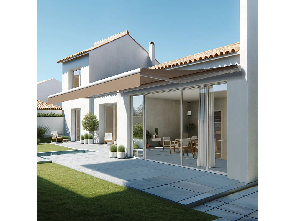 Store banne monobloc ESPAI 6,00x3,00m (Motorisé à interrupteur + manœuvre de secours - Taupe - Blanc)