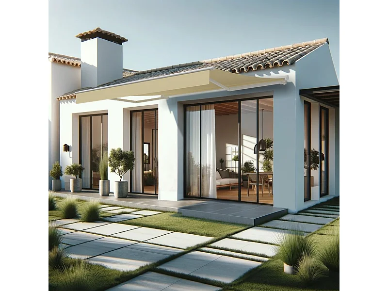 Store banne semi-coffre SARARI 4,00x3,00m (Motorisé à interrupteur + manœuvre de secours - Ecru - Blanc)