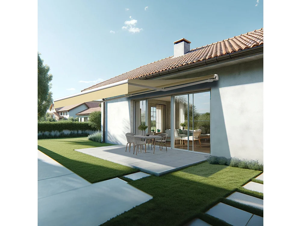 Store banne monobloc ESPAI 5,00x3,00m (Manuelle - Ecru - Blanc)