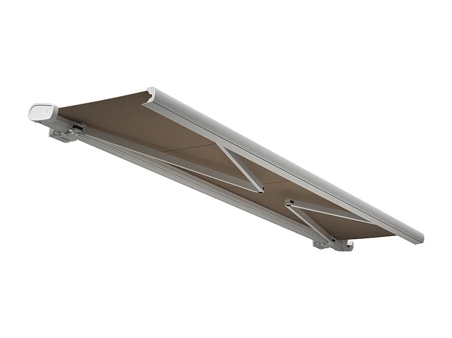 Store banne coffre MEEL 5,00x3,50m (Motorisé à interrupteur + manœuvre de secours - Taupe - Blanc)