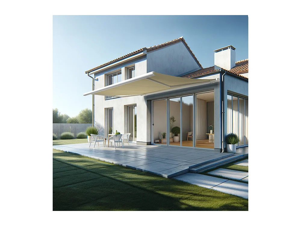 Store banne coffre MEEL 5,00x3,50m (Motorisé Secours à Télécommande + LED - Ecru - Blanc)