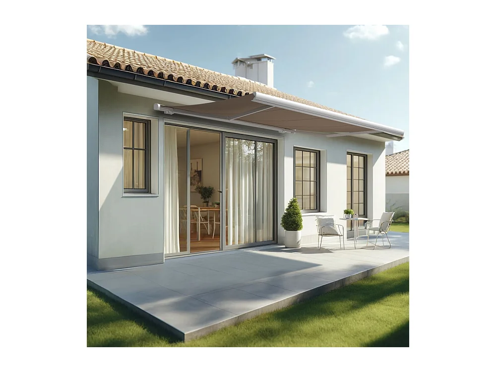 Store banne coffre MEEL 4,00x3,00m (Motorisé à interrupteur + manœuvre de secours - Taupe - Blanc)