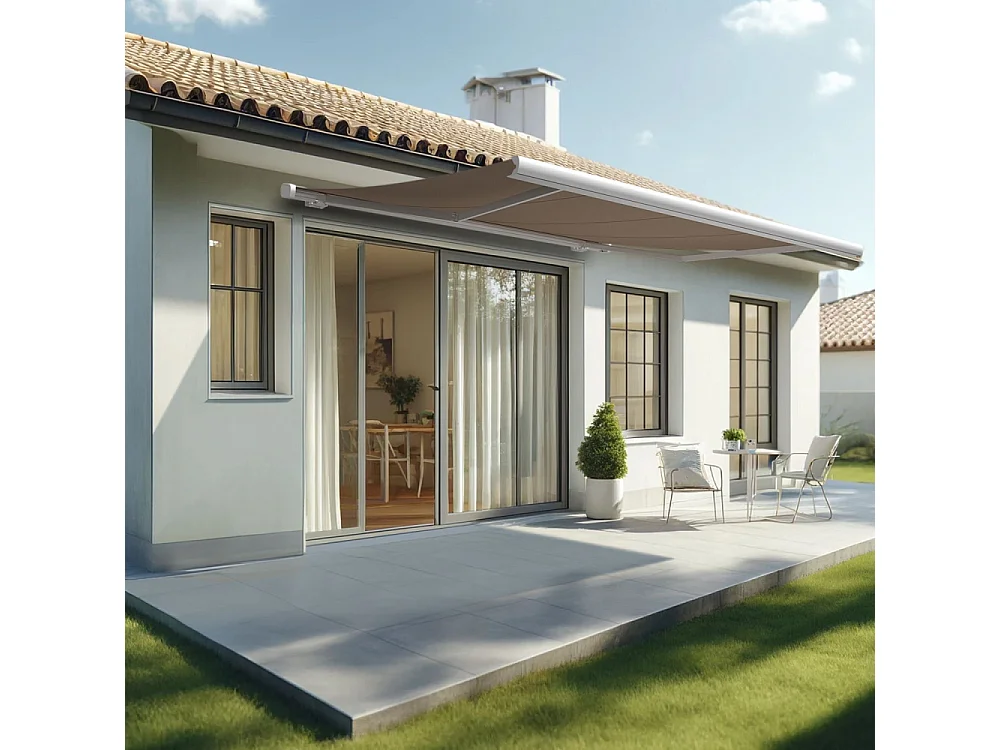 Store banne coffre MEEL 4,00x3,00m (Motorisé à interrupteur + manœuvre de secours - Taupe - Blanc)