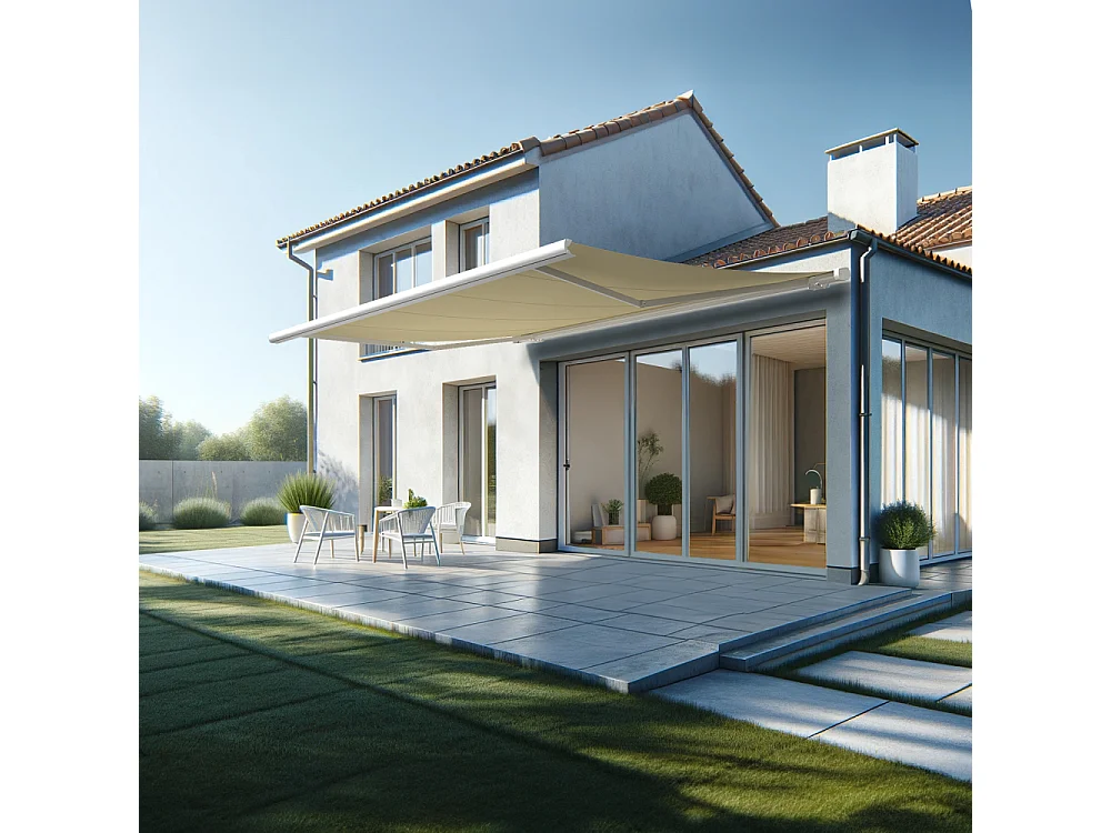 Store banne coffre MEEL 5,00x3,50m (Manuelle - Ecru - Blanc)