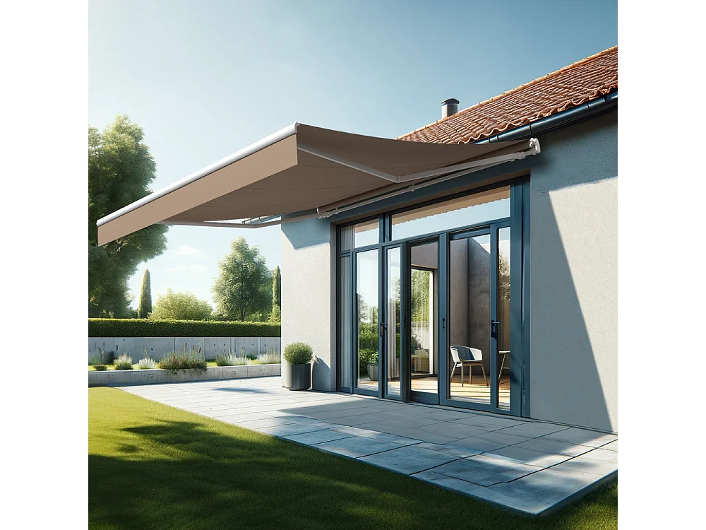 Store banne monobloc ESPAI 4,00x3,50m (Motorisé à interrupteur + manœuvre de secours - Taupe - Blanc)