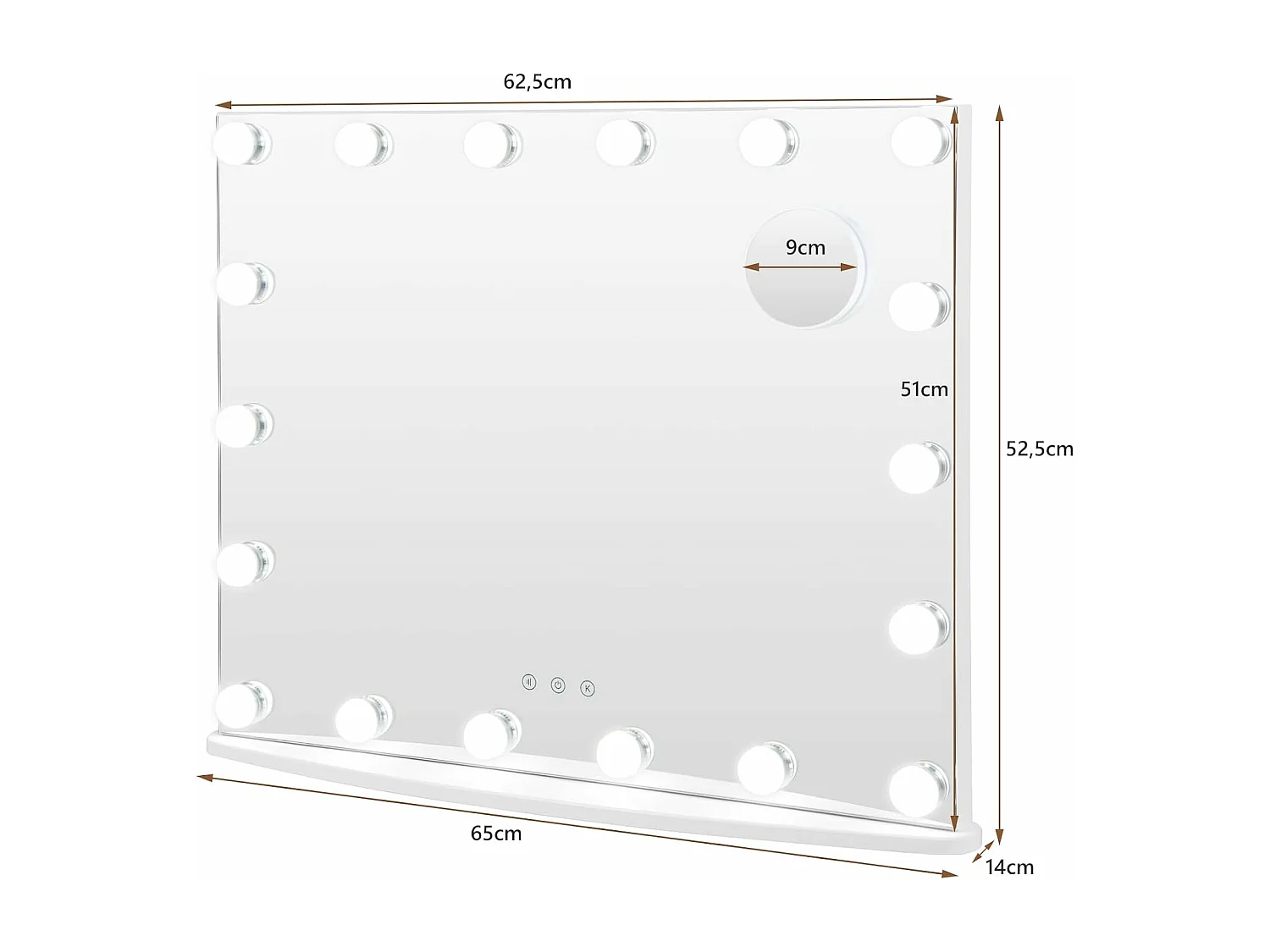 Miroir hollywood lumineux avec 18 ampoules led et miroir grossissant x10,65x14x52,5cm