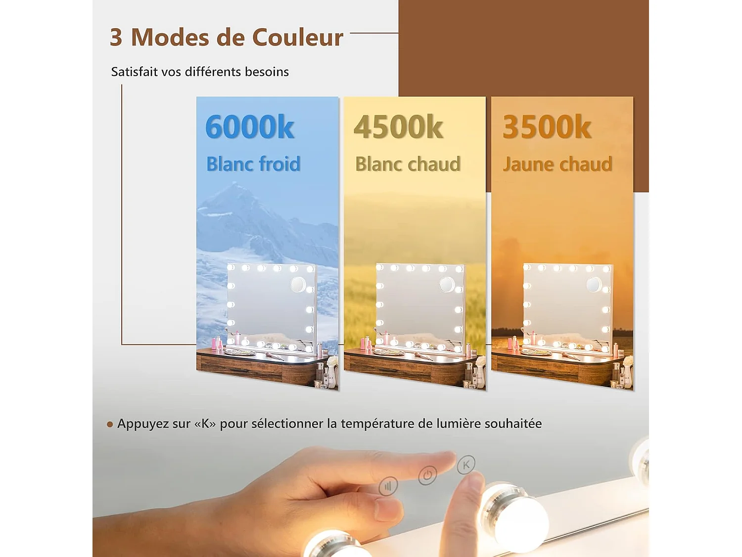 Miroir hollywood lumineux avec 18 ampoules led et miroir grossissant x10,65x14x52,5cm