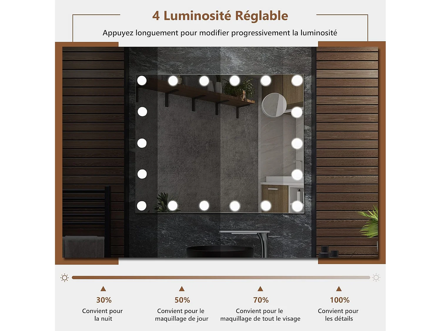 Miroir hollywood lumineux avec 18 ampoules led et miroir grossissant x10,65x14x52,5cm