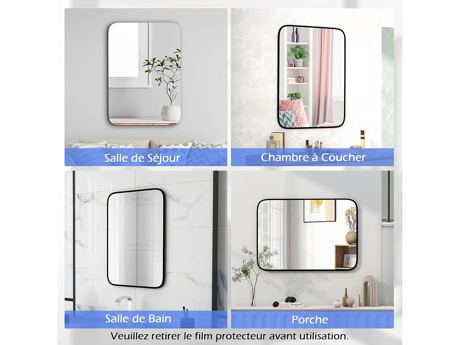 Miroir salle de bain 70 x 50 cm, rectangulaire, cadre en aluminium, grand miroir mural
