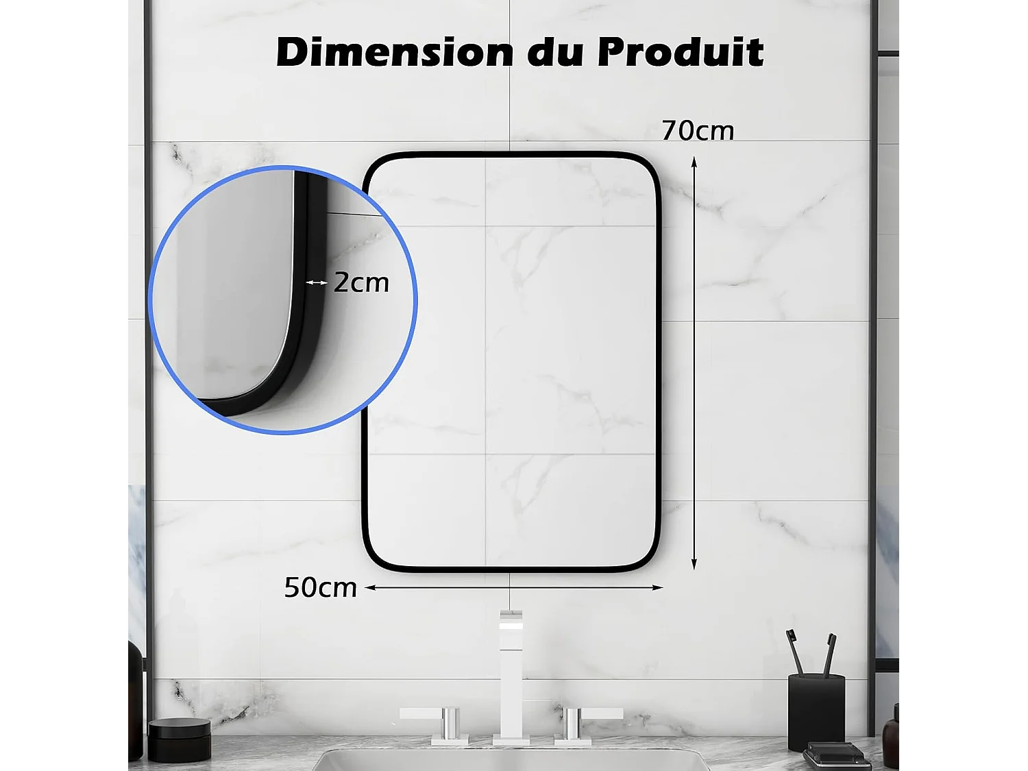 Miroir salle de bain 70 x 50 cm, rectangulaire, cadre en aluminium, grand miroir mural