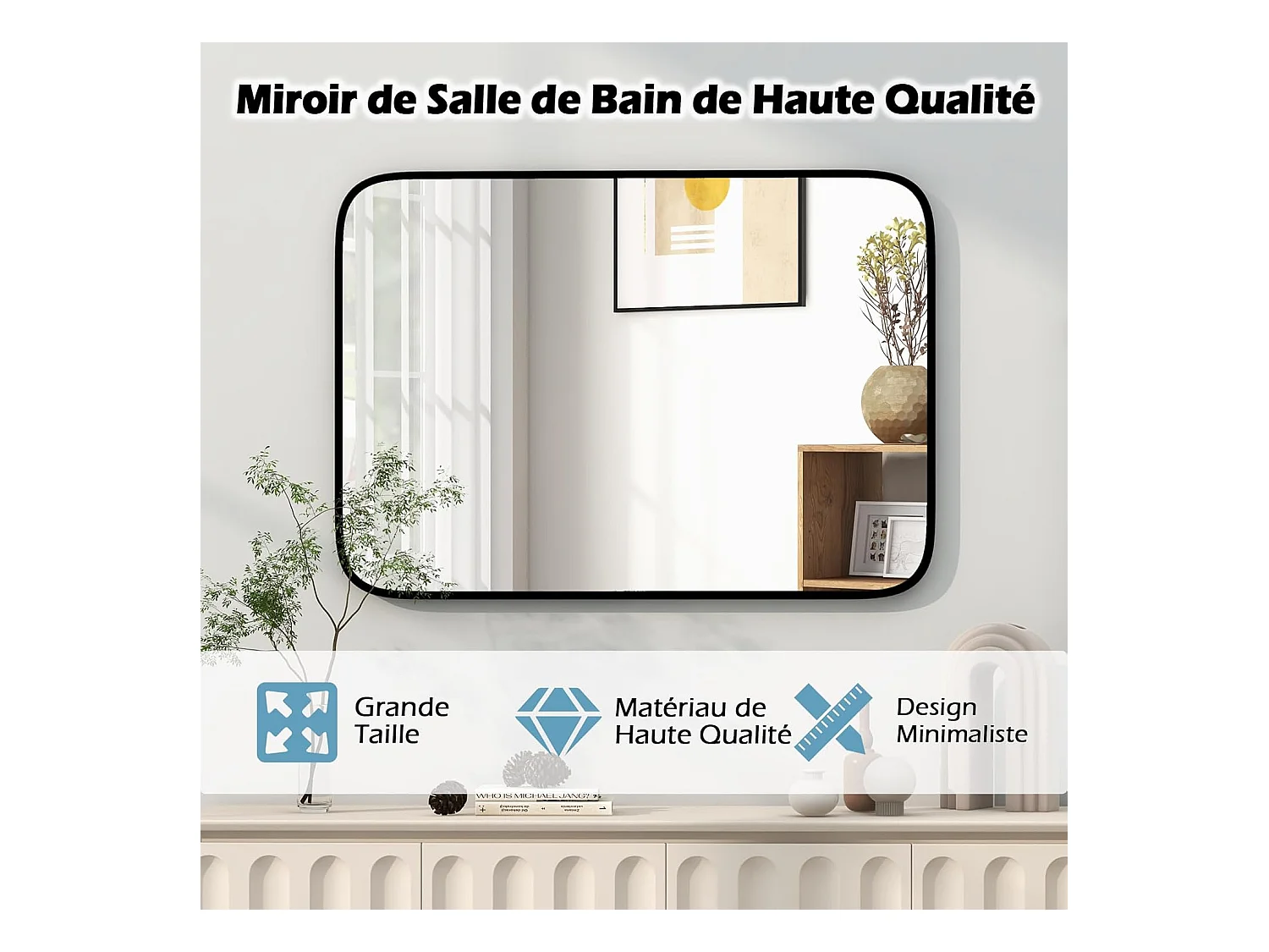 Miroir salle de bain 70 x 50 cm, rectangulaire, cadre en aluminium, grand miroir mural