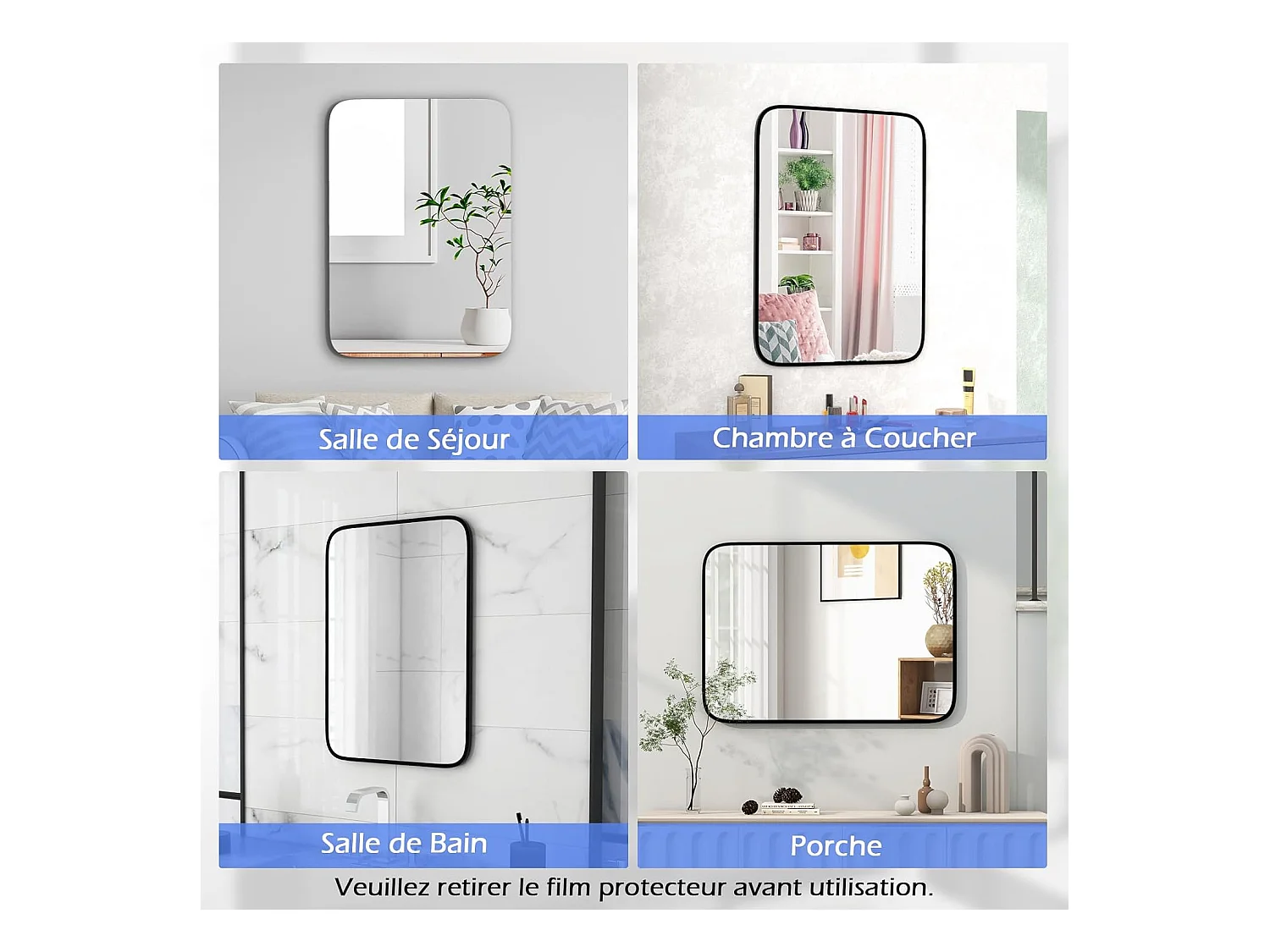 Miroir salle de bain 70 x 50 cm, rectangulaire, cadre en aluminium, grand miroir mural