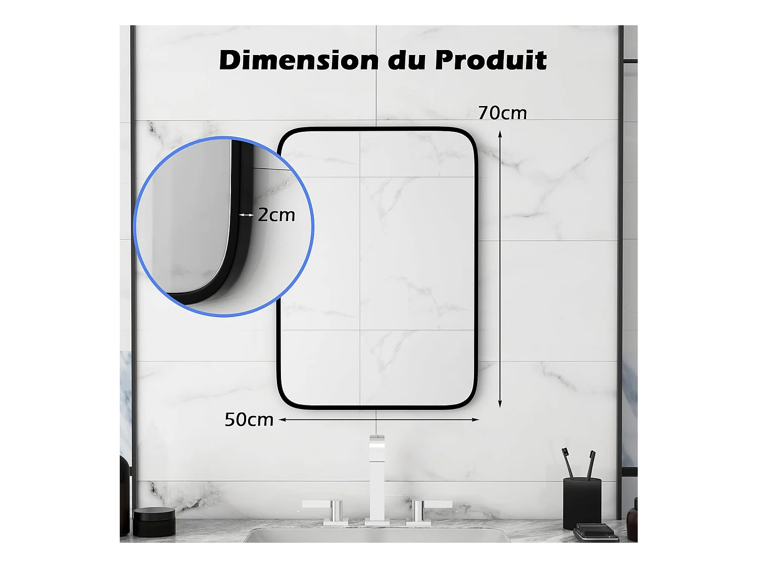 Miroir salle de bain 70 x 50 cm, rectangulaire, cadre en aluminium, grand miroir mural