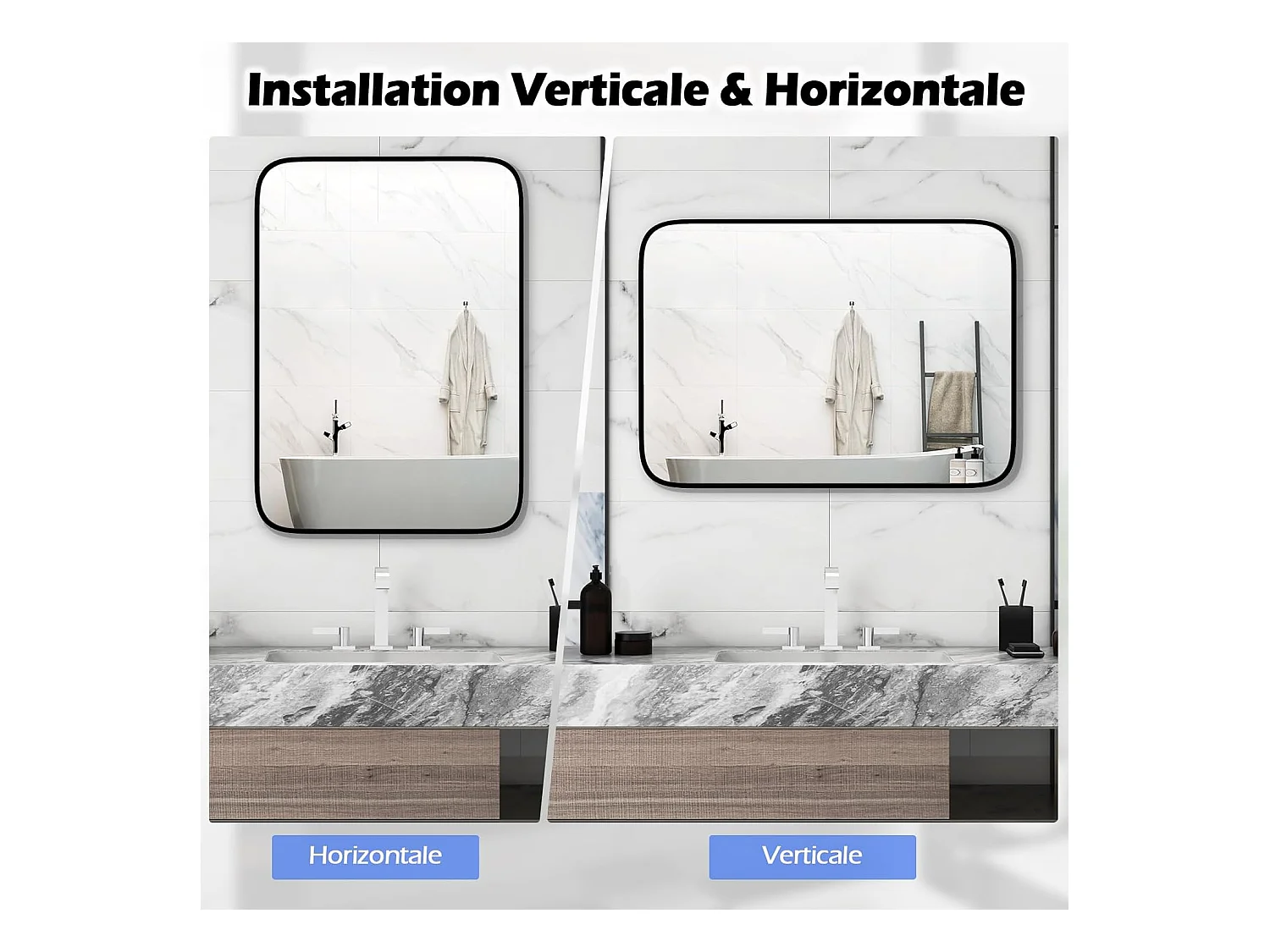 Miroir salle de bain 70 x 50 cm, rectangulaire, cadre en aluminium, grand miroir mural