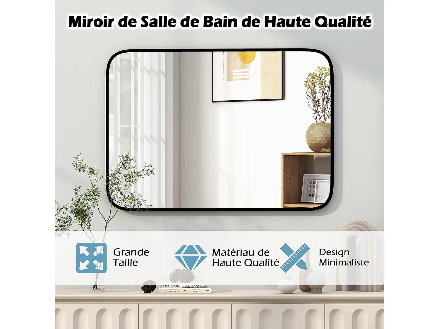 Miroir salle de bain 70 x 50 cm, rectangulaire, cadre en aluminium, grand miroir mural