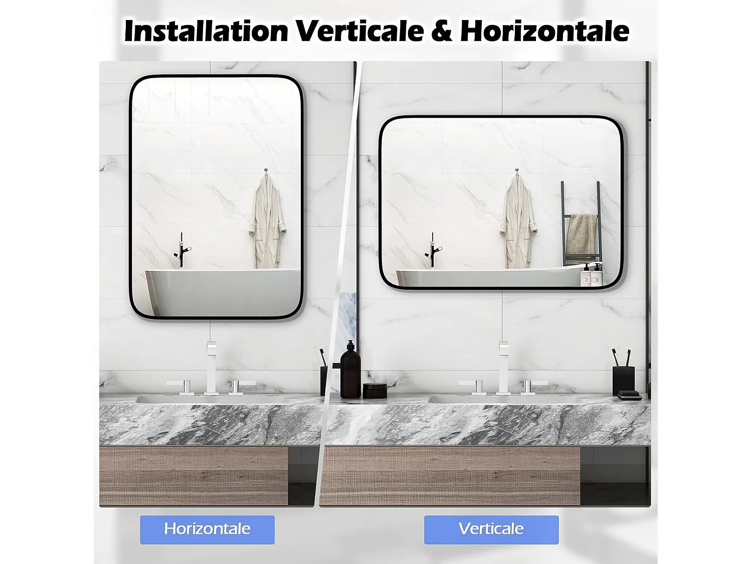 Miroir salle de bain 70 x 50 cm, rectangulaire, cadre en aluminium, grand miroir mural