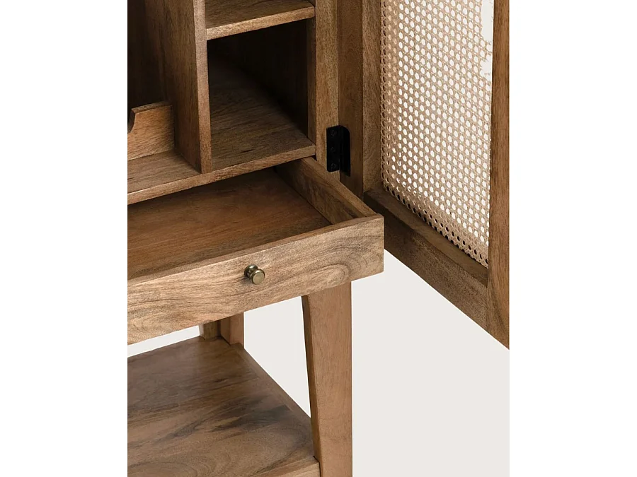 Wine Cabinet - Meuble bar en bois massif de manguier avec cannage naturel