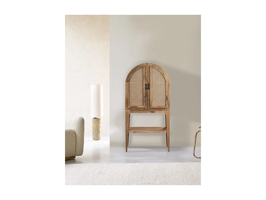 Wine Cabinet - Meuble bar en bois massif de manguier avec cannage naturel