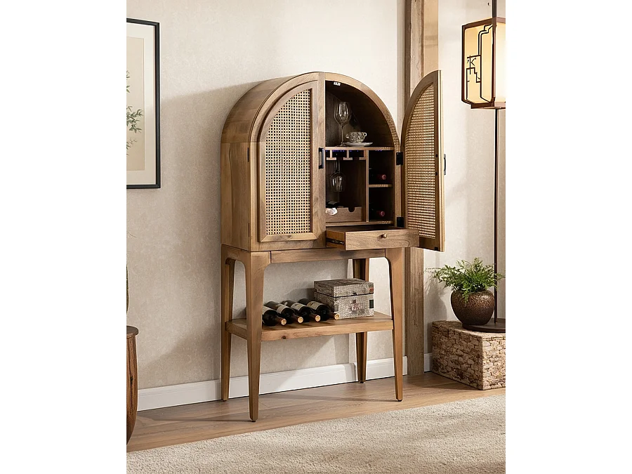 Wine Cabinet - Meuble bar en bois massif de manguier avec cannage naturel