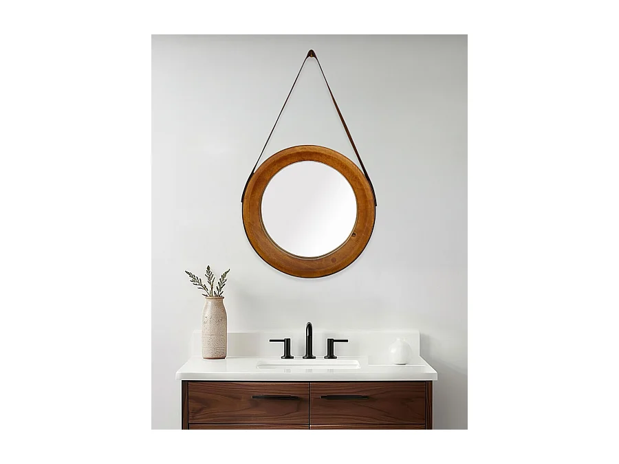 Brio - Miroir rond pour salle de bain en bois et lanière en cuir