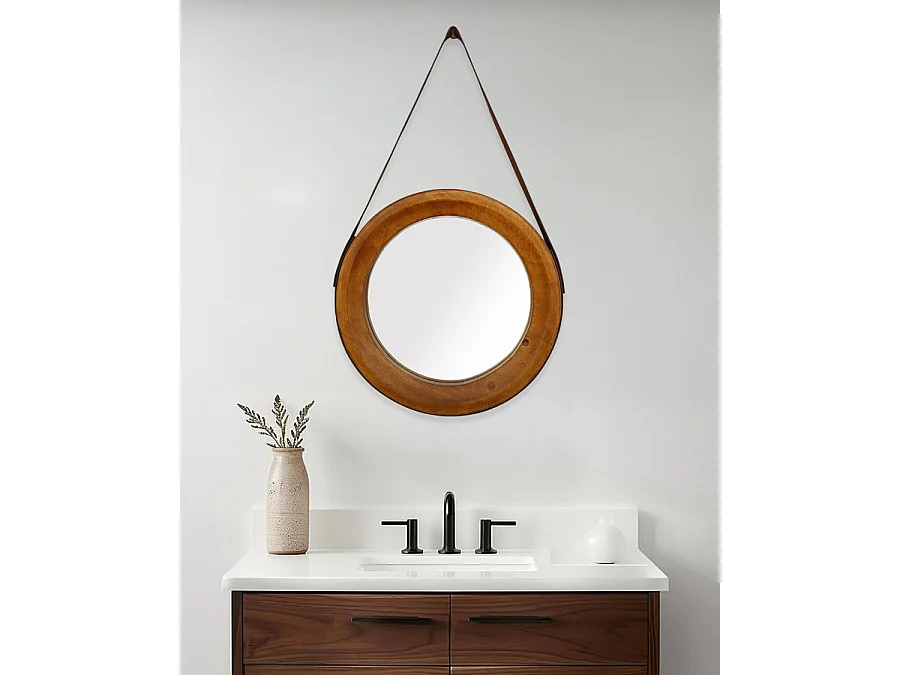 Brio - Miroir rond pour salle de bain en bois et lanière en cuir