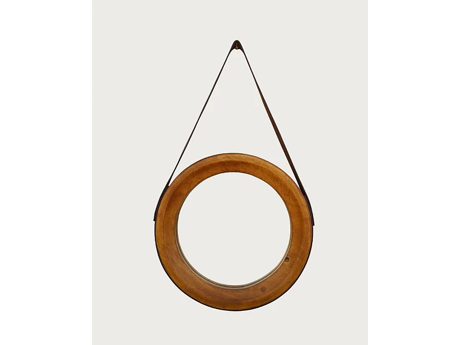 Brio - Miroir rond pour salle de bain en bois et lanière en cuir
