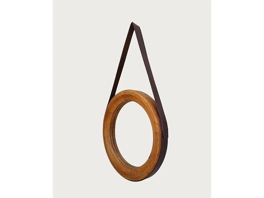 Brio - Miroir rond pour salle de bain en bois et lanière en cuir