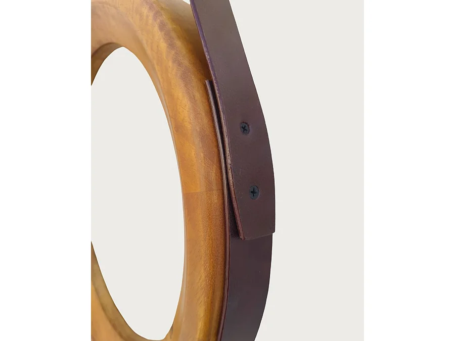 Brio - Miroir rond pour salle de bain en bois et lanière en cuir