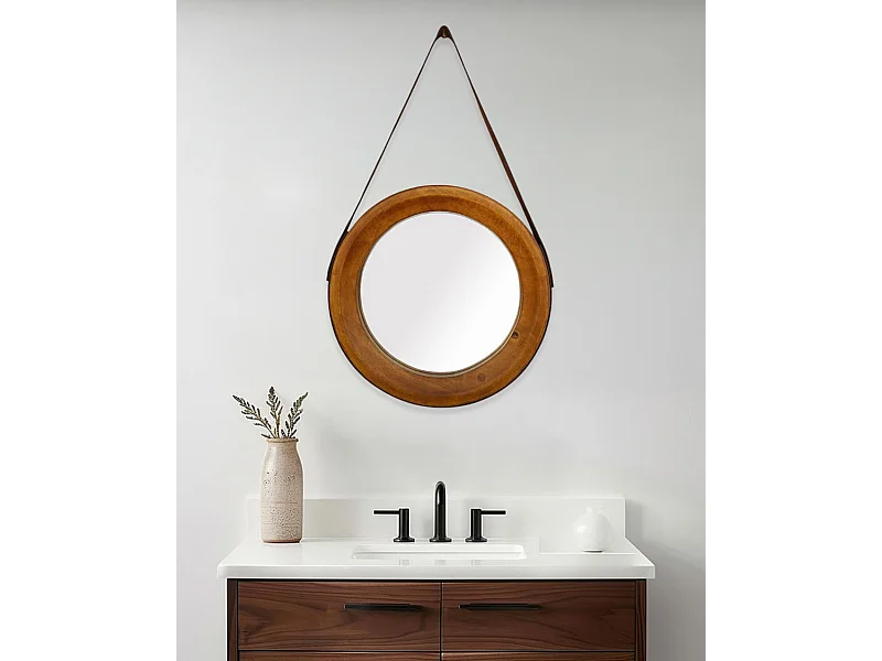 Brio - Miroir rond pour salle de bain en bois et lanière en cuir