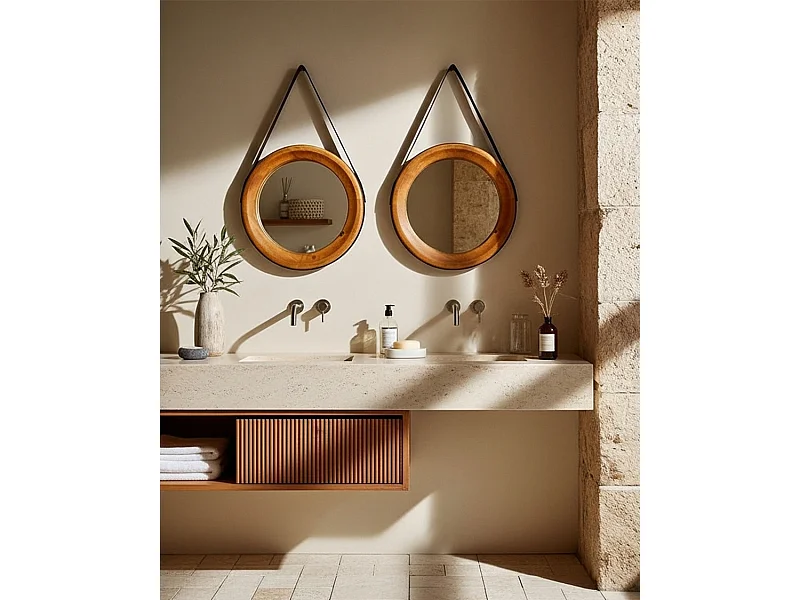 Brio - Miroir rond pour salle de bain en bois et lanière en cuir