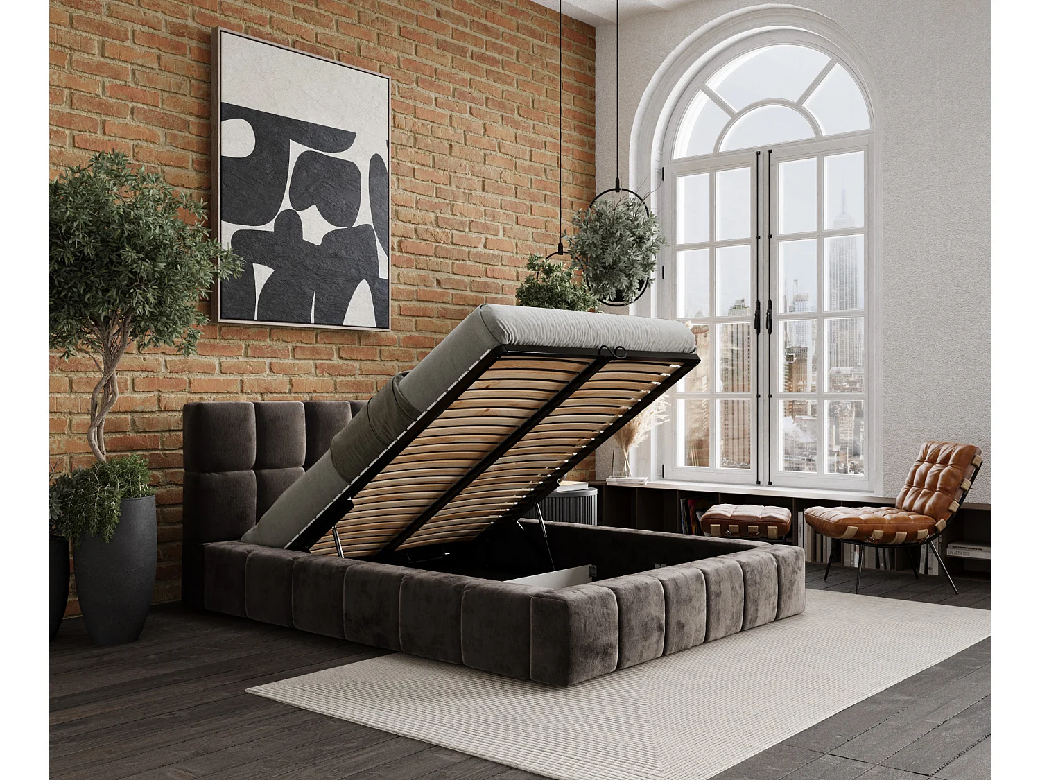 Lit coffre Kendal Dos - 200 x 200 cm - chenille - brun