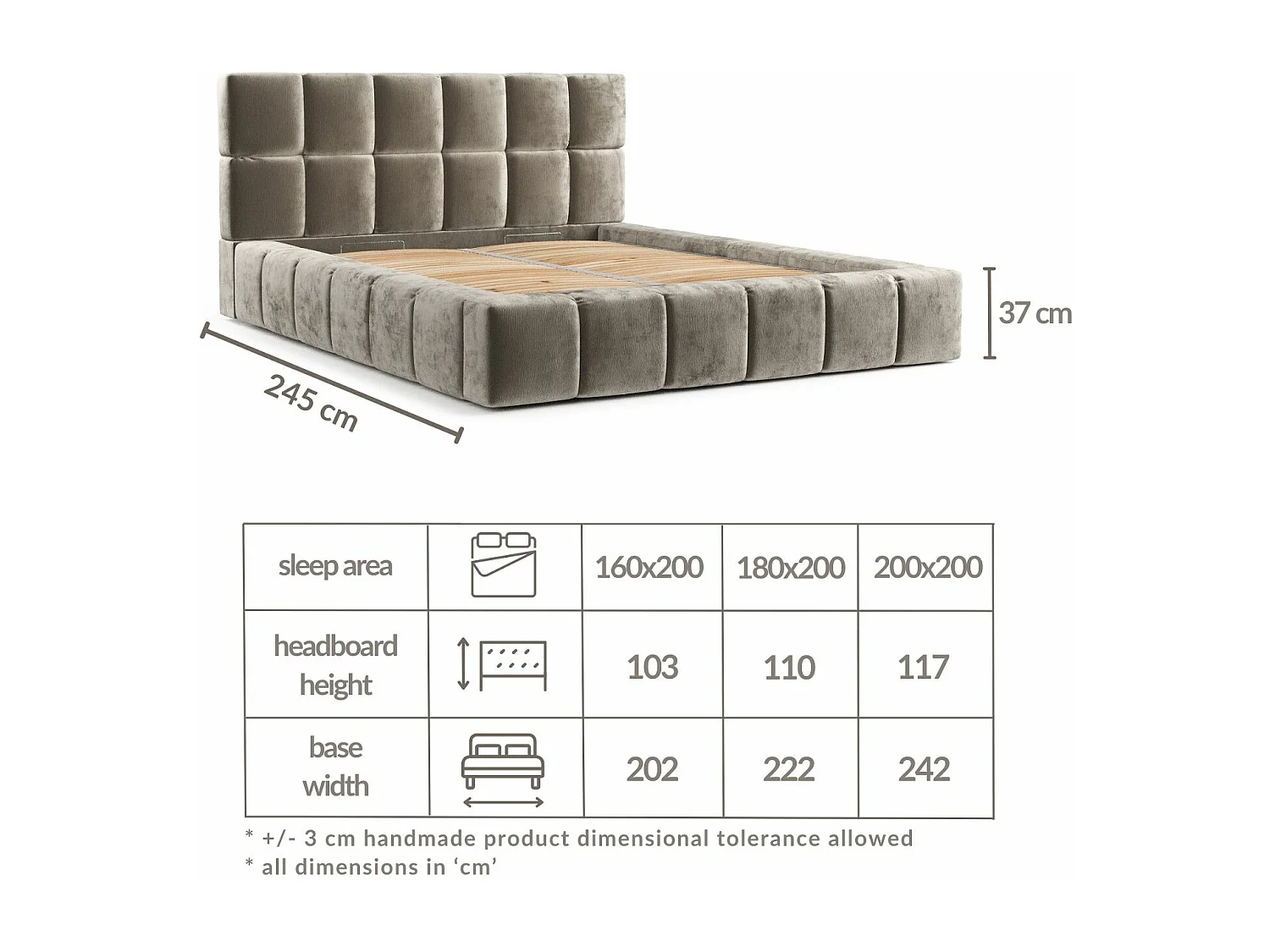 Lit coffre Kendal Dos - 180 x 200 cm - chenille - gris clair