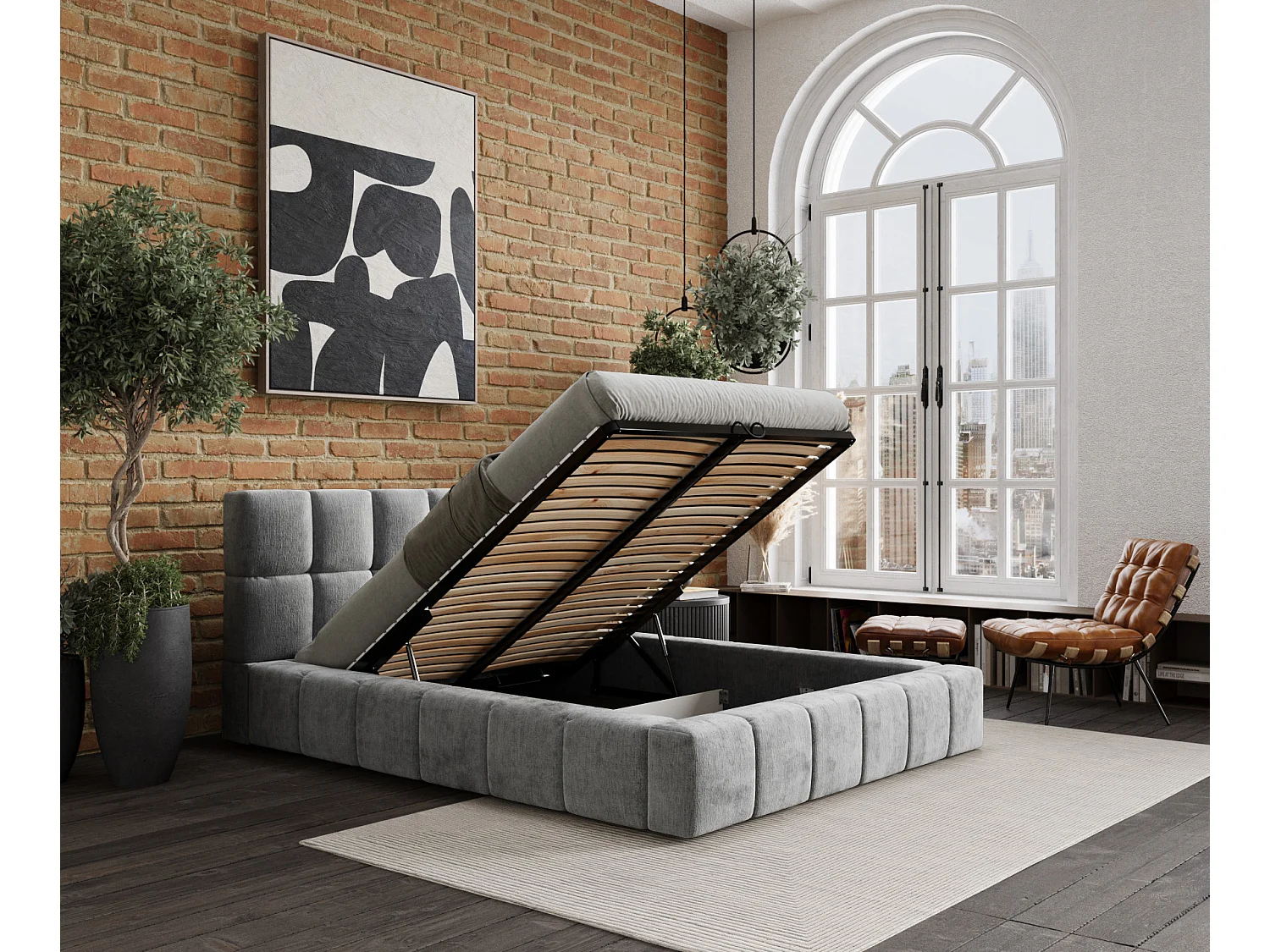 Lit coffre Kendal Dos - 200 x 200 cm - chenille - gris clair