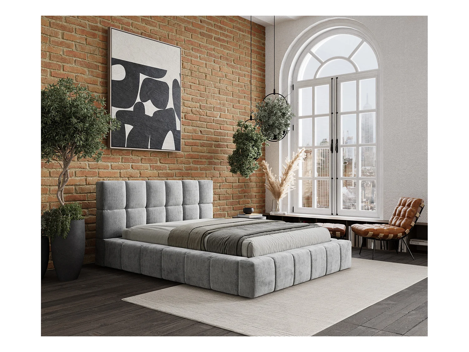 Lit coffre Kendal Dos - 200 x 200 cm - chenille - gris clair