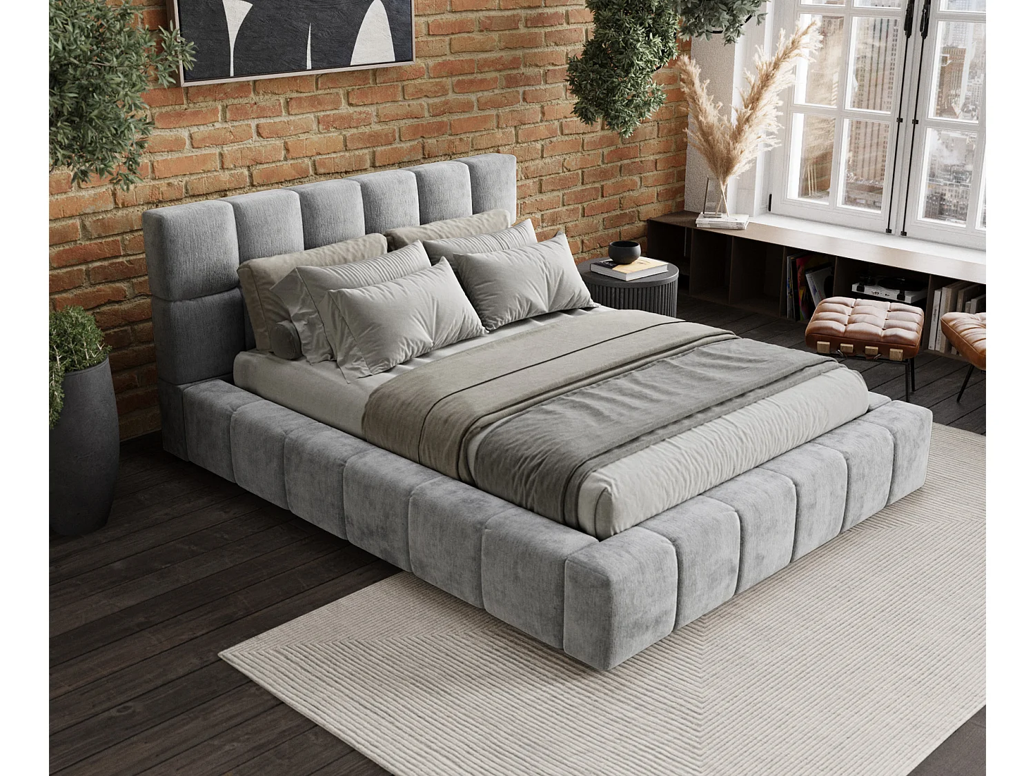 Lit coffre Kendal Dos - 200 x 200 cm - chenille - gris clair