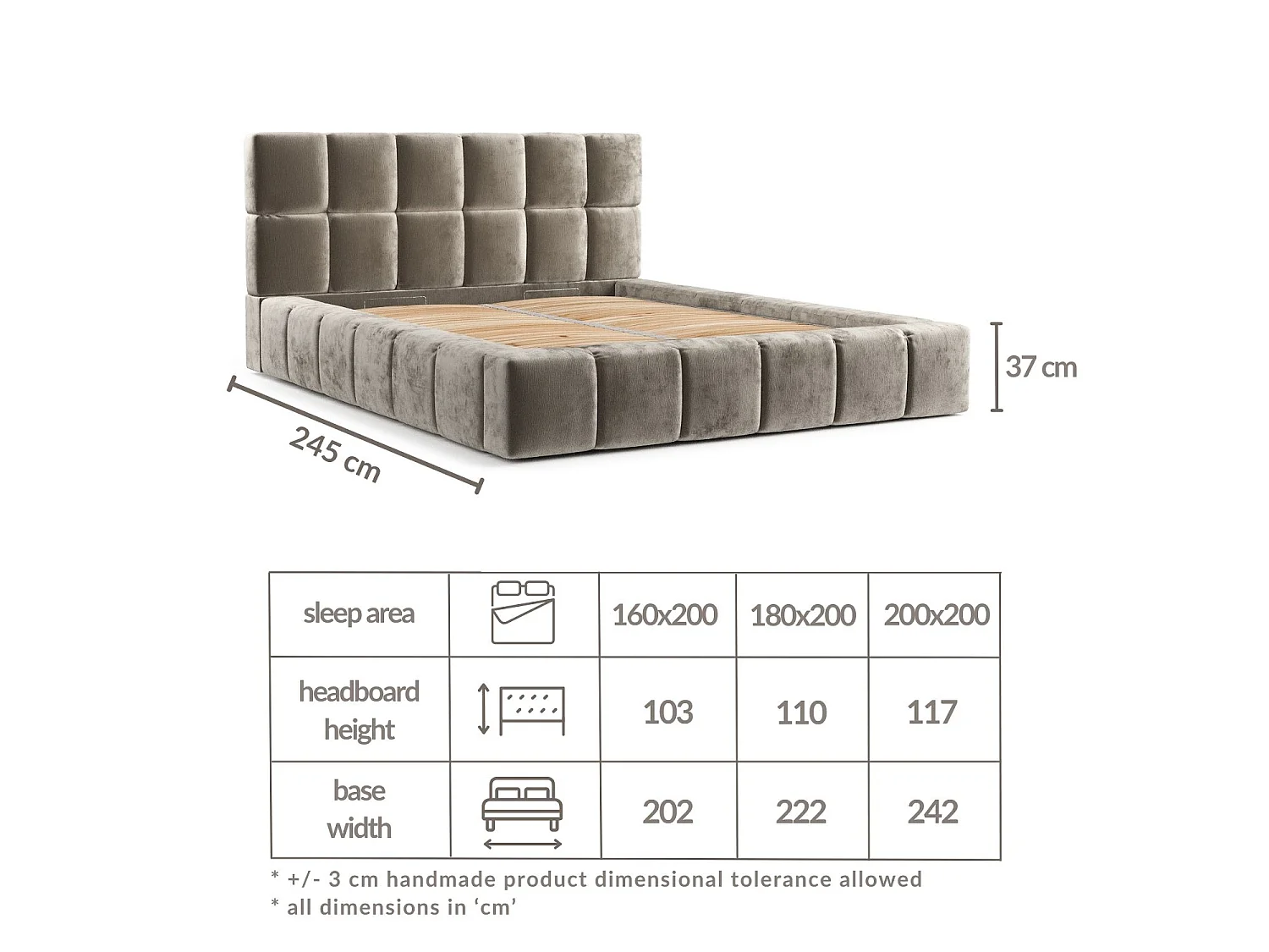 Lit coffre Kendal Dos - 200 x 200 cm - chenille - gris clair