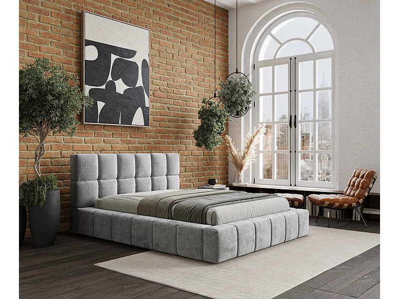 Lit coffre Kendal Dos - 200 x 200 cm - chenille - gris clair