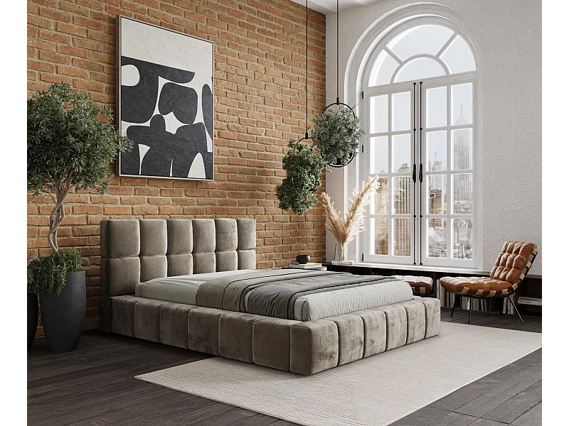 Lit coffre Kendal Dos - 160 x 200 cm - chenille - beige