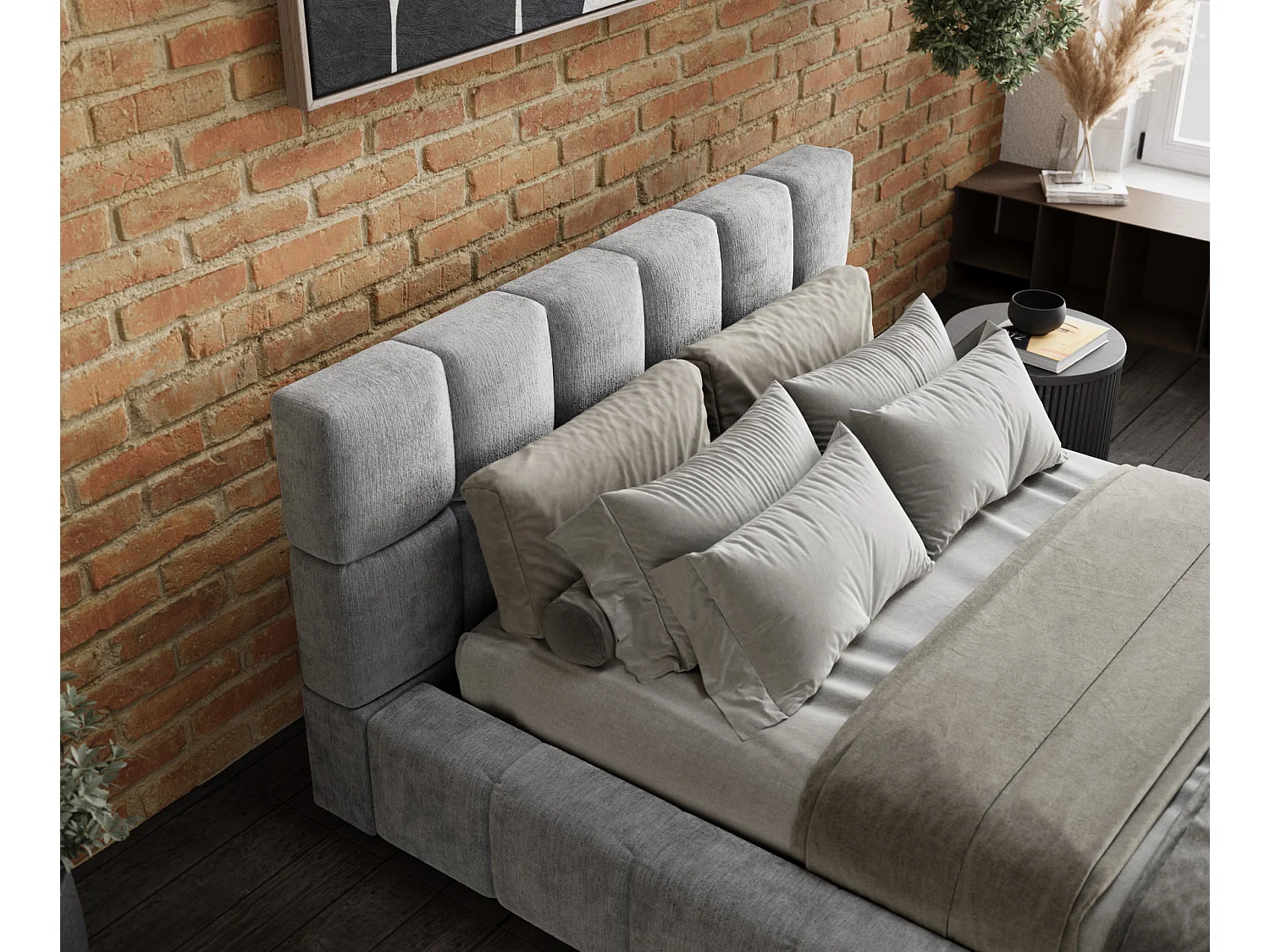 Lit coffre Kendal Dos - 160 x 200 cm - chenille - gris clair