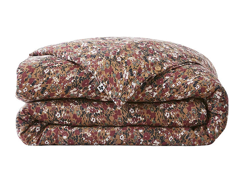 Parure de lit 240 x 220 cm gaze de coton camel et fleuri - ISABELA 1