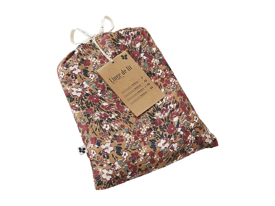 Parure de lit 240 x 220 cm gaze de coton camel et fleuri - ISABELA 1