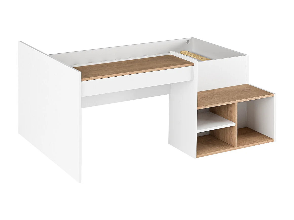 Pack Lit combiné avec bureau et matelas 90x190 cm panneaux de fibres blanc et noisette BORUTO