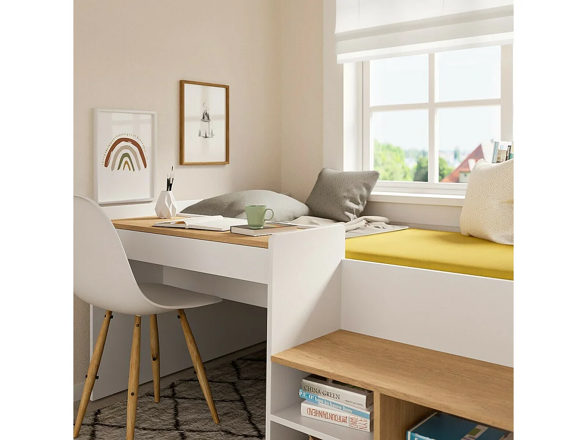 Pack Lit combiné avec bureau et matelas 90x190 cm panneaux de fibres blanc et noisette BORUTO