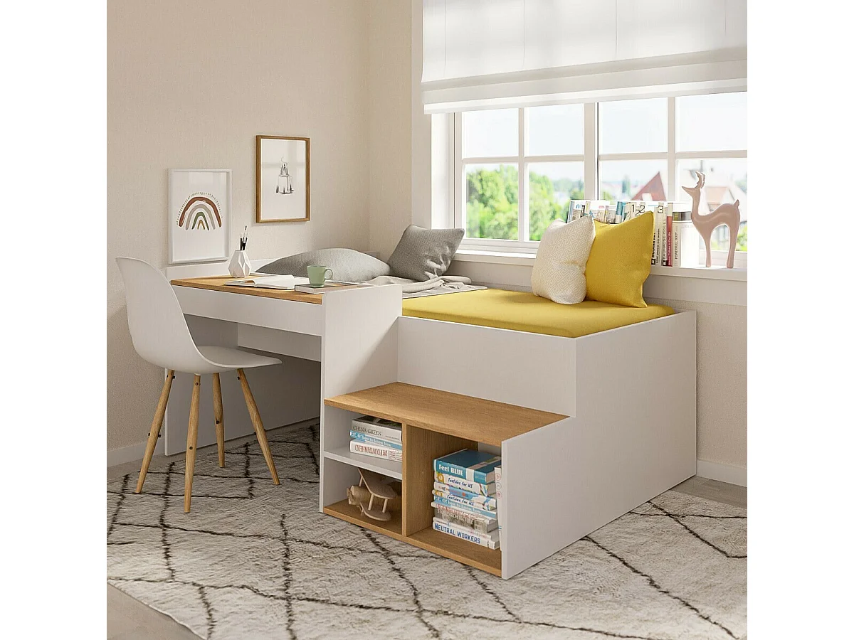 Pack Lit combiné avec bureau et matelas 90x190 cm panneaux de fibres blanc et noisette BORUTO