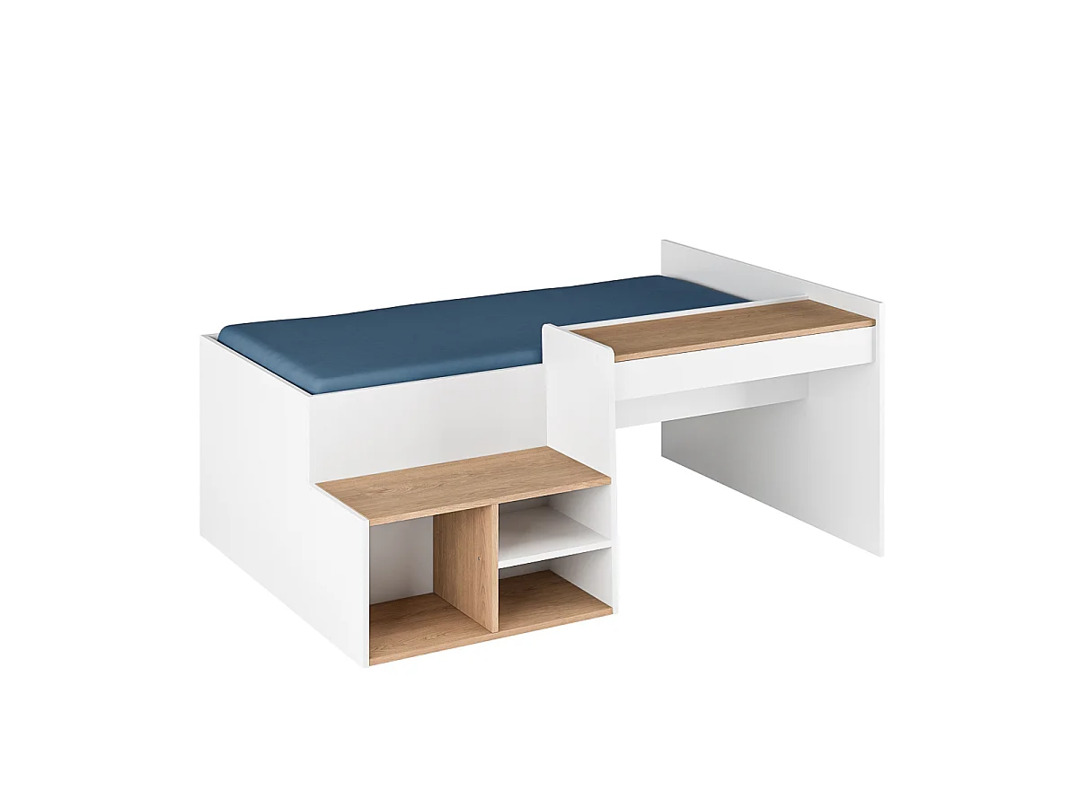 Pack Lit combiné avec bureau et matelas 90x190 cm panneaux de fibres blanc et noisette BORUTO