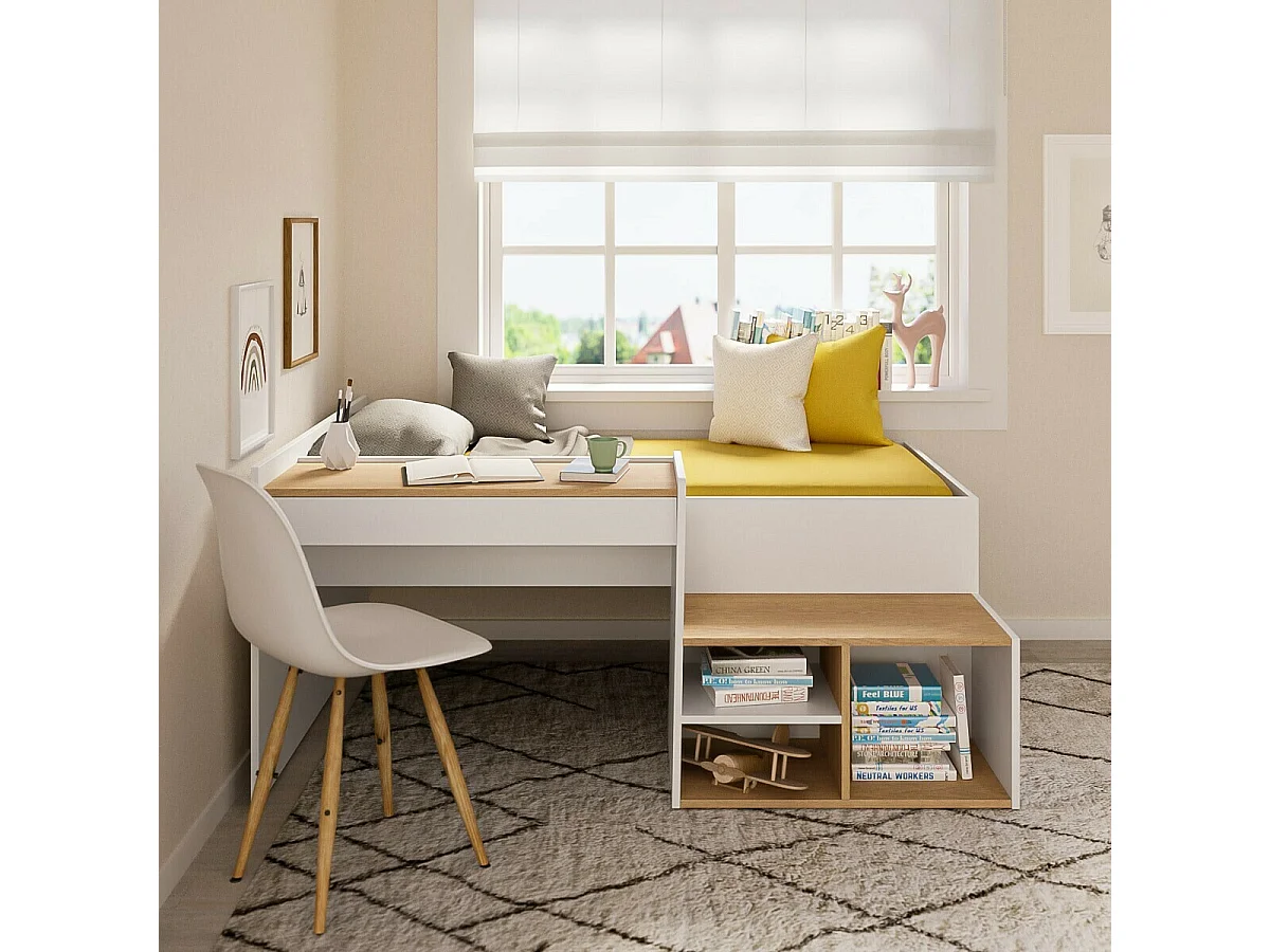 Pack Lit combiné avec bureau et matelas 90x190 cm panneaux de fibres blanc et noisette BORUTO