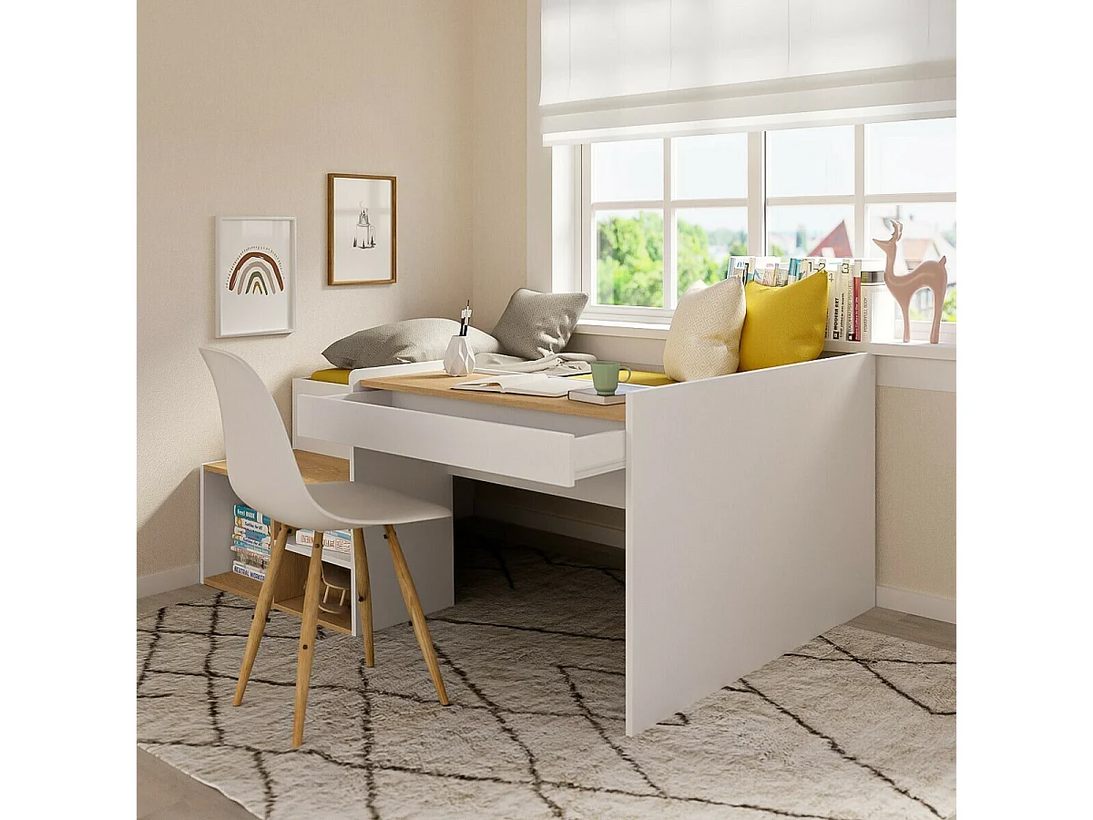 Pack Lit combiné avec bureau et matelas 90x190 cm panneaux de fibres blanc et noisette BORUTO