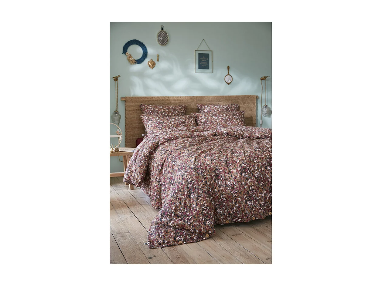 Housse de couette 240 x 220 gaze de coton camel et fleuri - ISABELA 1